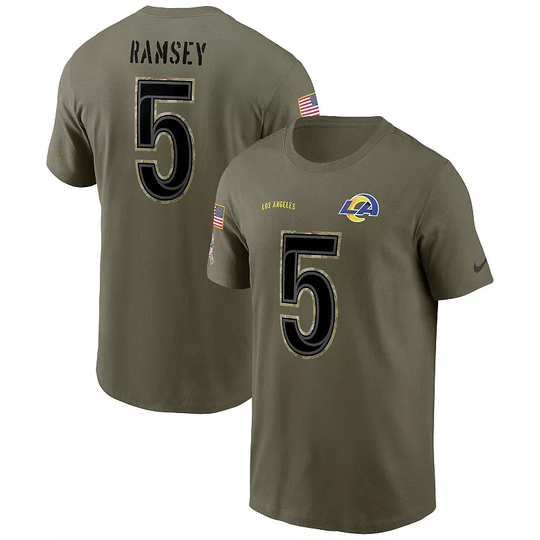 Men's Nike Jalen Ramsey Olive Los Angeles Rams 2022 Salute To Service Name & Number T-Shirt, Size: XL, Multicolor
