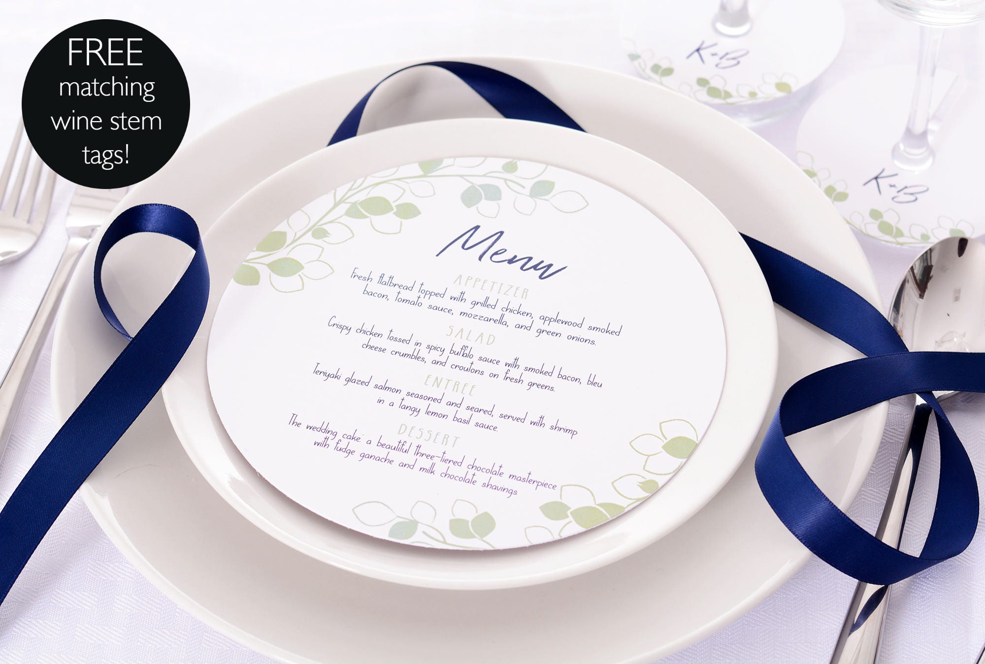 Round Wedding Menus - Plate Free Matching Wine Glass Tags 6.5 Personalized Menu Dinner #wmur-111
