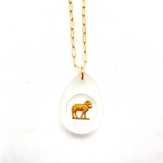 Gorgeous Vintage Aries Glass Rare Zodiac Pendant On Gold Chain, Amazing Unique Horoscope 1960S Charm Necklace
