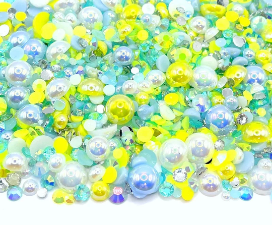 Seashell Blend Rhinestone Mix 2mm-10mm Flatback Jelly Resin | Faux Pearls Rhinestones Mixed Sizes, Blue Turquoise Yellow