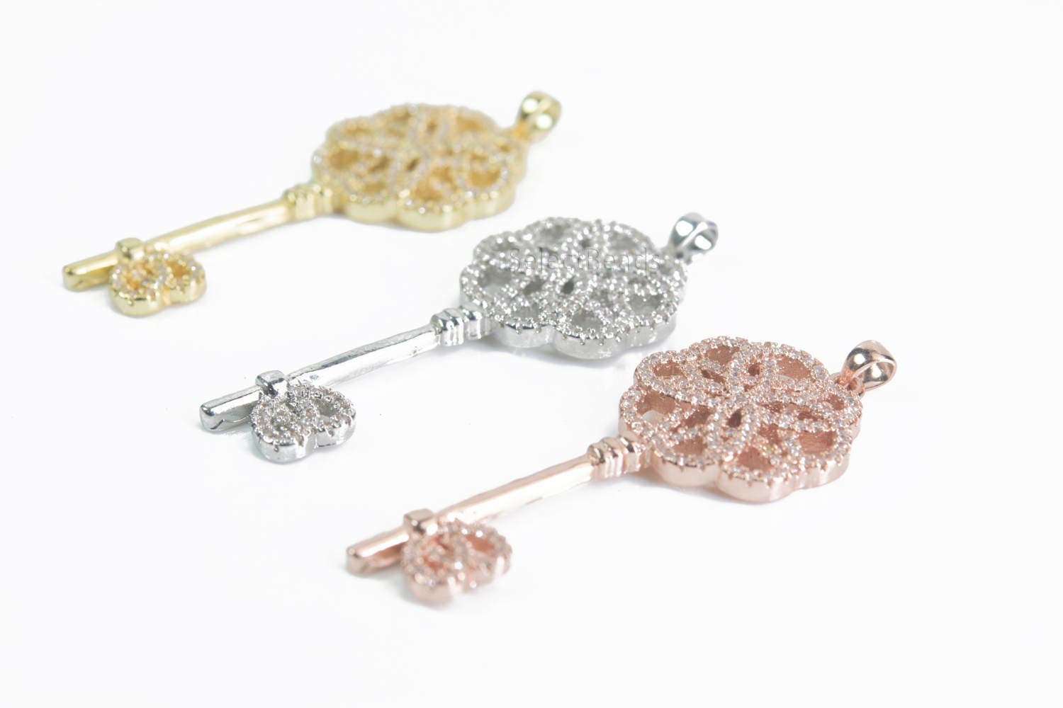 Tiny Cz Pave Pendant - Key Brass Gold Charm Rose Micro Jewelry 3 Pcs