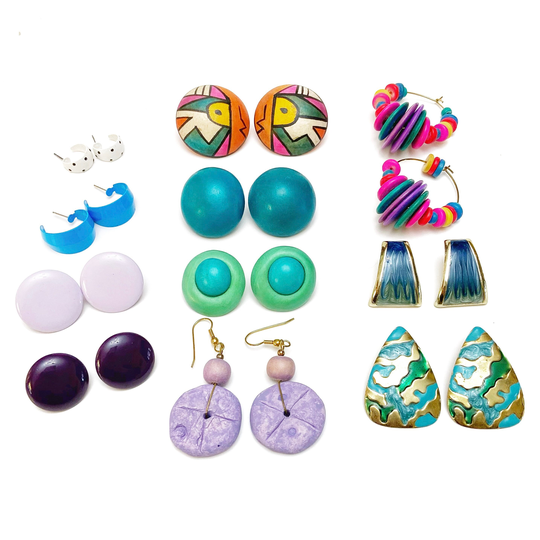 Vintage 80S 90S Colorful Funky Wood Enamel Metal Fashion Earrings Lot Of 11 Pairs