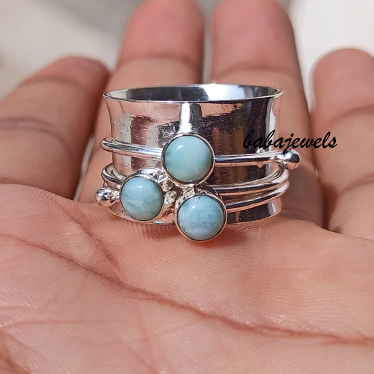 Triple Larimar Gemstone Ring, Spinner 925 Silver Handmade Anxiety Fidget Thumb Gift For Her, J22