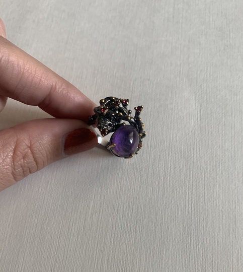 Vintage Sterling Silver Darkened Branch Rhinestones Purple Quartz Cabochon Ring Size 8