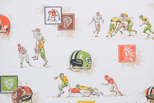 1960S Vintage Wallpaper By The Yard - Novlety Football Paper With Packers, Rams, Lions & More, Helmets Players, Man Cave Decor