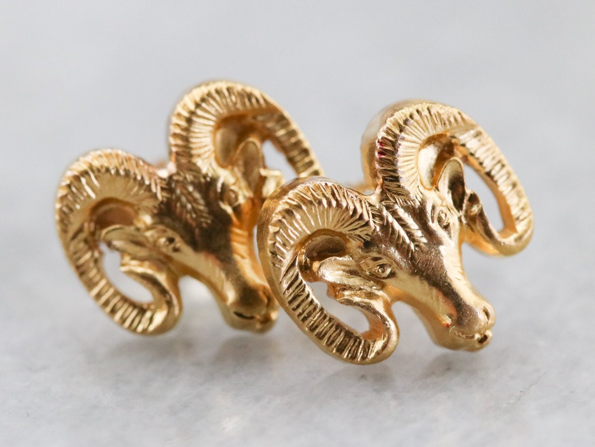 Aries The Ram Earrings, Yellow Gold Stud Animal Birthday Gift, Zodiac Jewelry Cdt44Khp