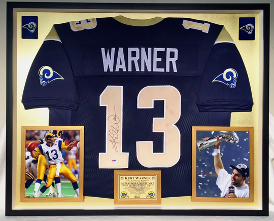 Premium Framed Kurt Warner Autographed/Signed Rams Jersey - Beckett Coa