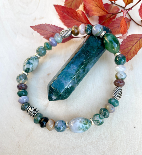 Moss Agate & Leaf Bracelet, Stretch, Natural Stone, Green Gemstone, Choice Of Sizes