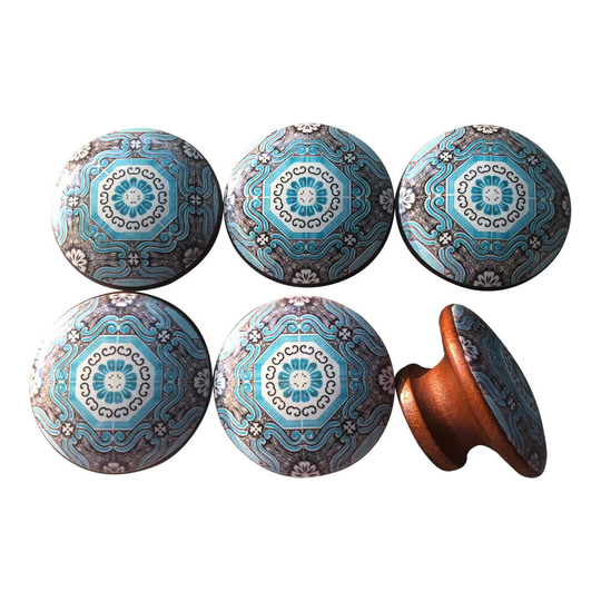 Set Of 6 Helton Medallion Wood Print Cabinet Knobs
