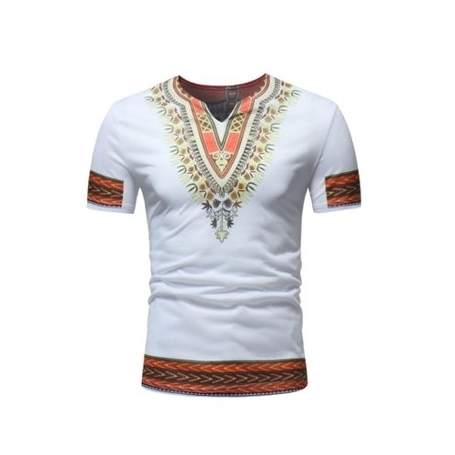 African DashikiT-shirts White Blue Ethnic Style Printed Blended Slim Fit Casual Short-Sleeved V-neck Man Tops Tees Clothing - white, s