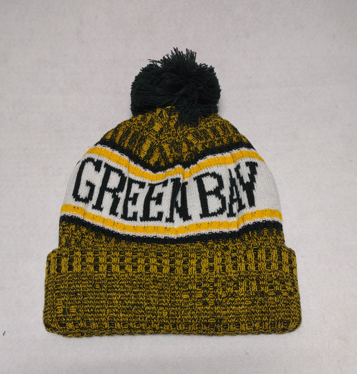 Green Bay Footbal Green/Gold/White Blended Tri Color Pom Beanie. Adult One Size Will Easily Stretch To Fit Most All Great Quality Warm