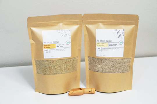 Complete Seed Cycling Kit 1 Month Supply Of Raw Organic Ground Blend Pumpkin, Flax, Sunflower, Sesame + Free Bamboo Scoop & Tracker