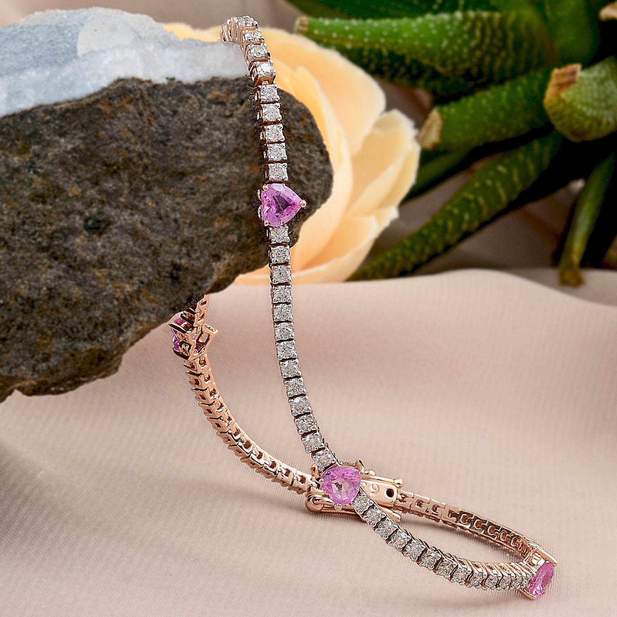 Heart Shape Diamond Pink Sapphire Tennis Bracelet For Women Ladies, 14K Rose Gold Finish Wedding Bracelet, Gift