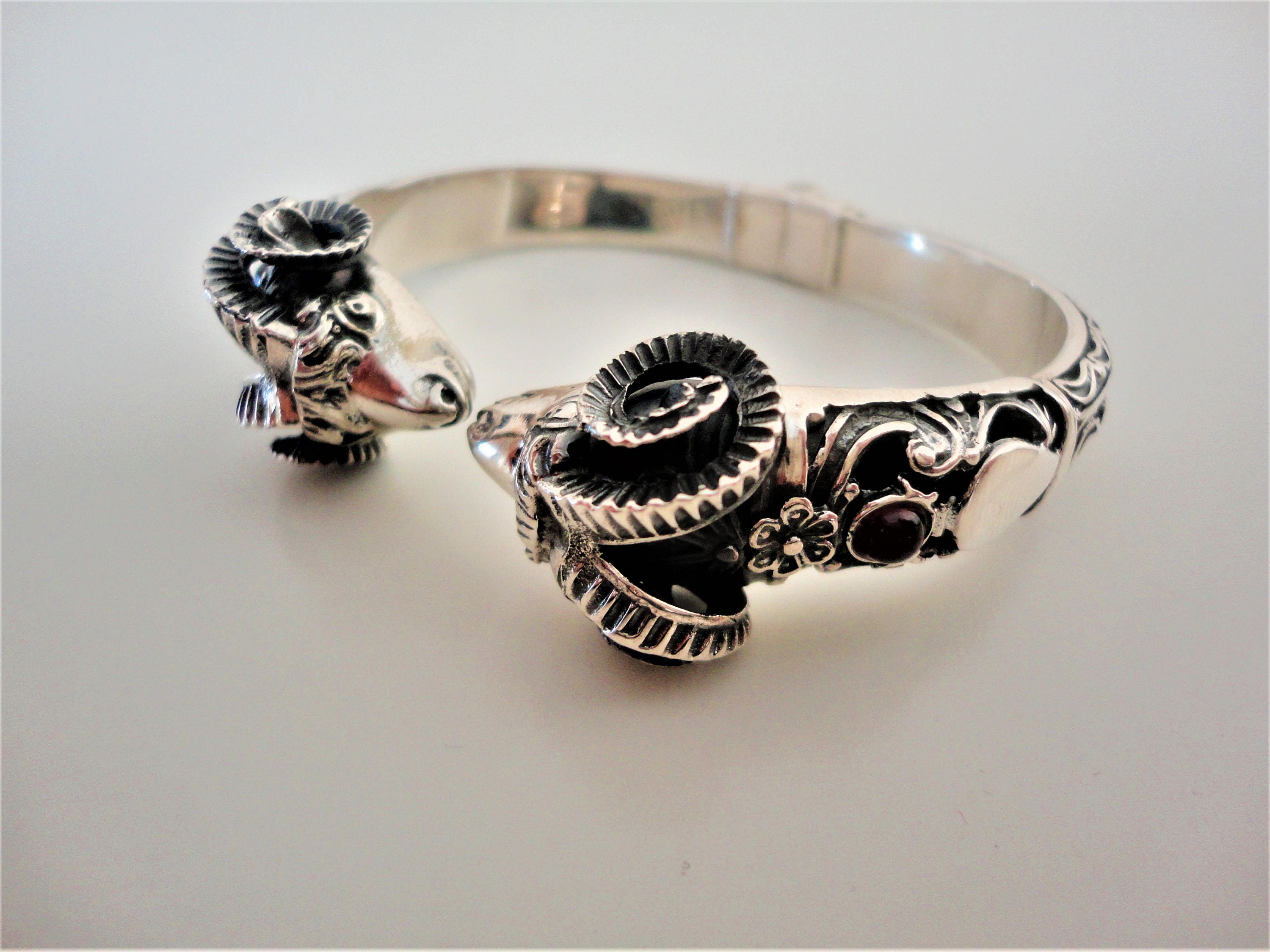Ram Head 925 Sterling Silver Statement Bracelet. Personalized 18K 14K Yellow Gold - White Rose Black Gold. Ancient Greek Jewel
