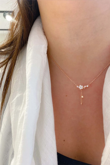 Dangling Heart Flower Cz Charm Necklace, Rose Gold White Light Pink Floral Pendant 925 Sterling Silver Jewelry