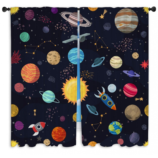 Solar System Window Curtains, Planets & Spaceships Dark Blue Brown Yellow Drapes, Cartoon Curtain Panel, Kids Decor