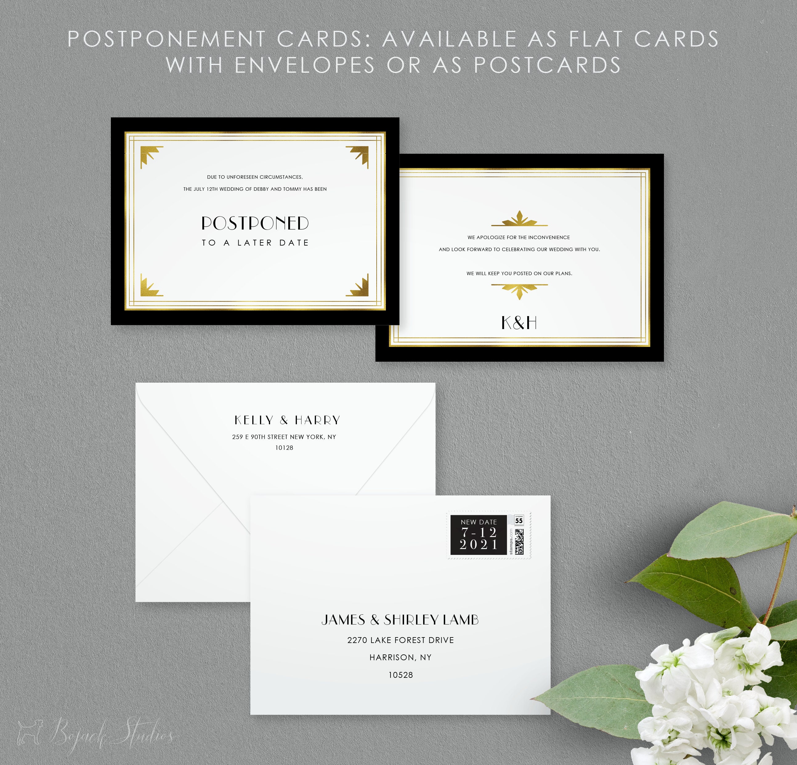 Postponement, Postponed, Change Of Plans, Canceled , Rescheduled Wedding, Paper Invitation, Custom Printable, Art Deco, Kelly