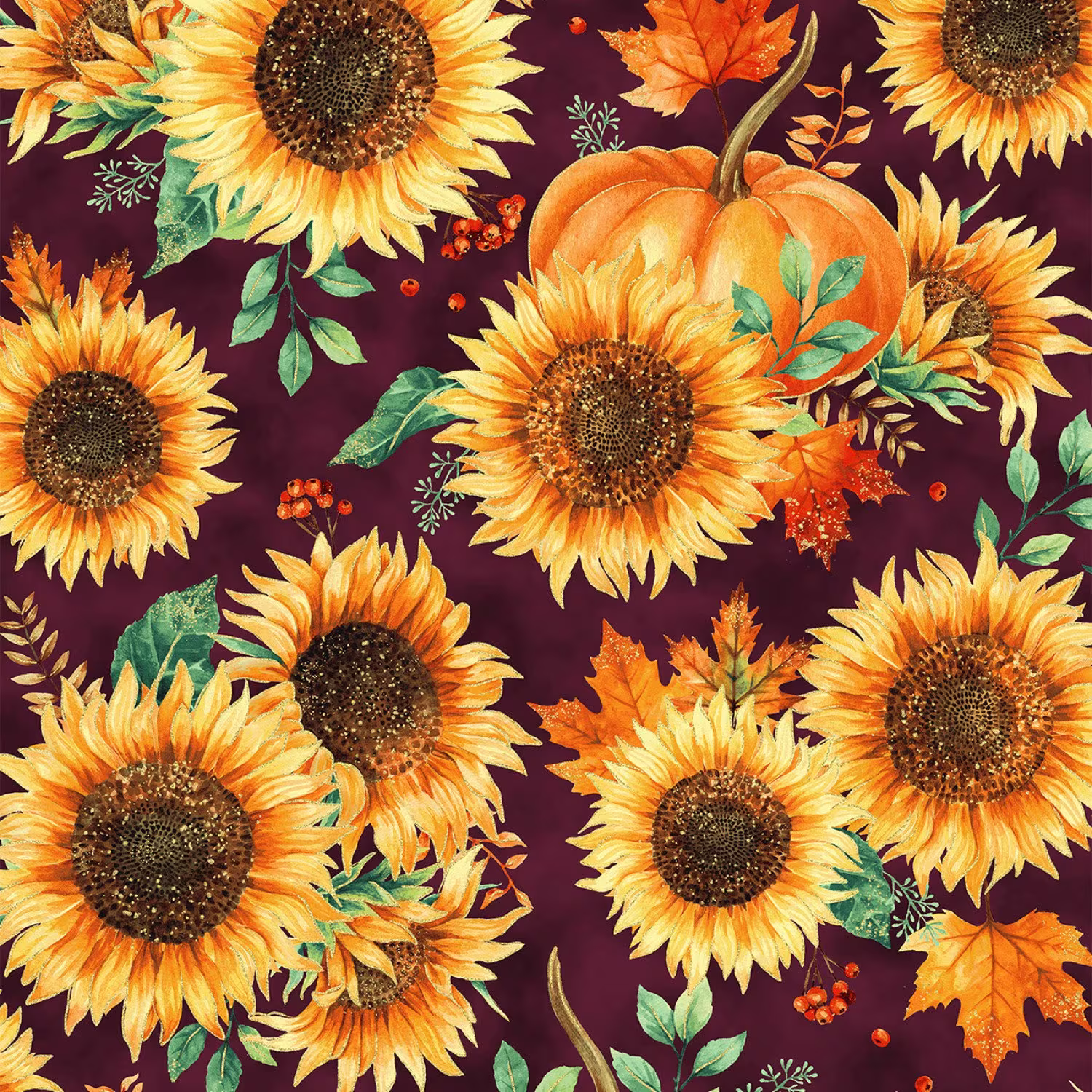 Autumn in The Air, Sunflower & Pumpkin W/Gold Metallic Blender Fabric By Yard/Hoffman California Yardage & Fat Quarter