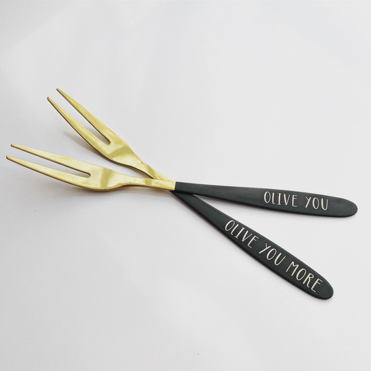 Olive You. You More. Set Of 2 Appetizer Forks. Gold, Blue & Purple Or Red Green