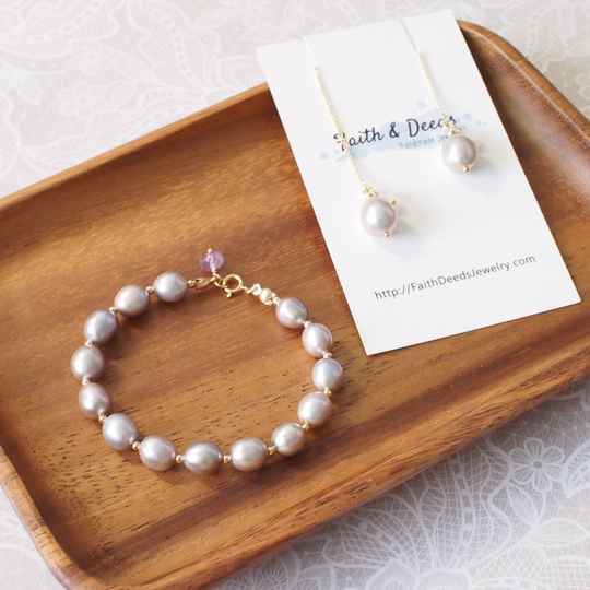 Silverish Gray Baroque Pearls Bracelet + Earrings Set // 14K Gold-Filled Stunning & Rare