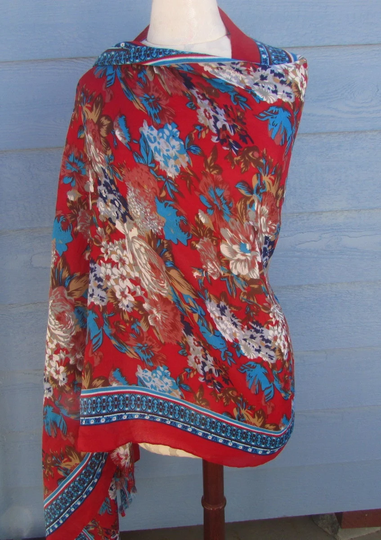 Vintage Gorgeous Silk Blend Red, Blue & Browns Oblong Large Floral Scarf; 31 1/2" X 78", Designer Scarf, Sarong Skirt Scarf