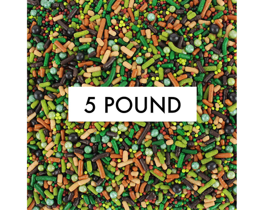 Camo Sprinkle Blend 5 lb - A Mix Of Soft Jimmies, Crunchy Non-Pareils, & Sugar Pearls, in Outdoorsy Shades Green, Brown, Black
