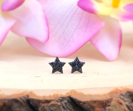 Tiny Black Tourmaline Star Studs, Celestial Earrings, Gemstone, Raw Crystal, Natural Stone, Rock, Cluster, Rough, Healing, Presents, Gifts