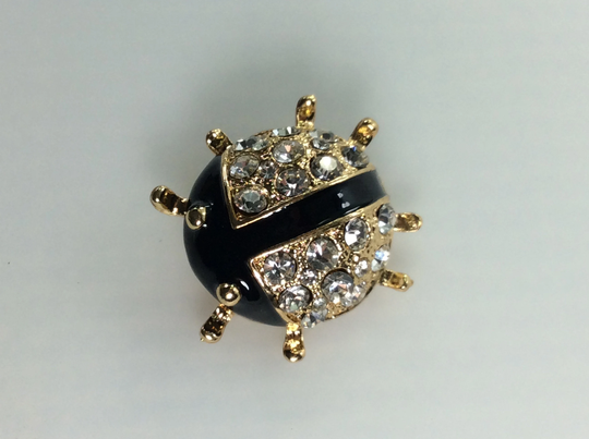 Vintage Pin Brooch Gold Toned Beetle Design With Black Enamel & Clear Rhinestones Used