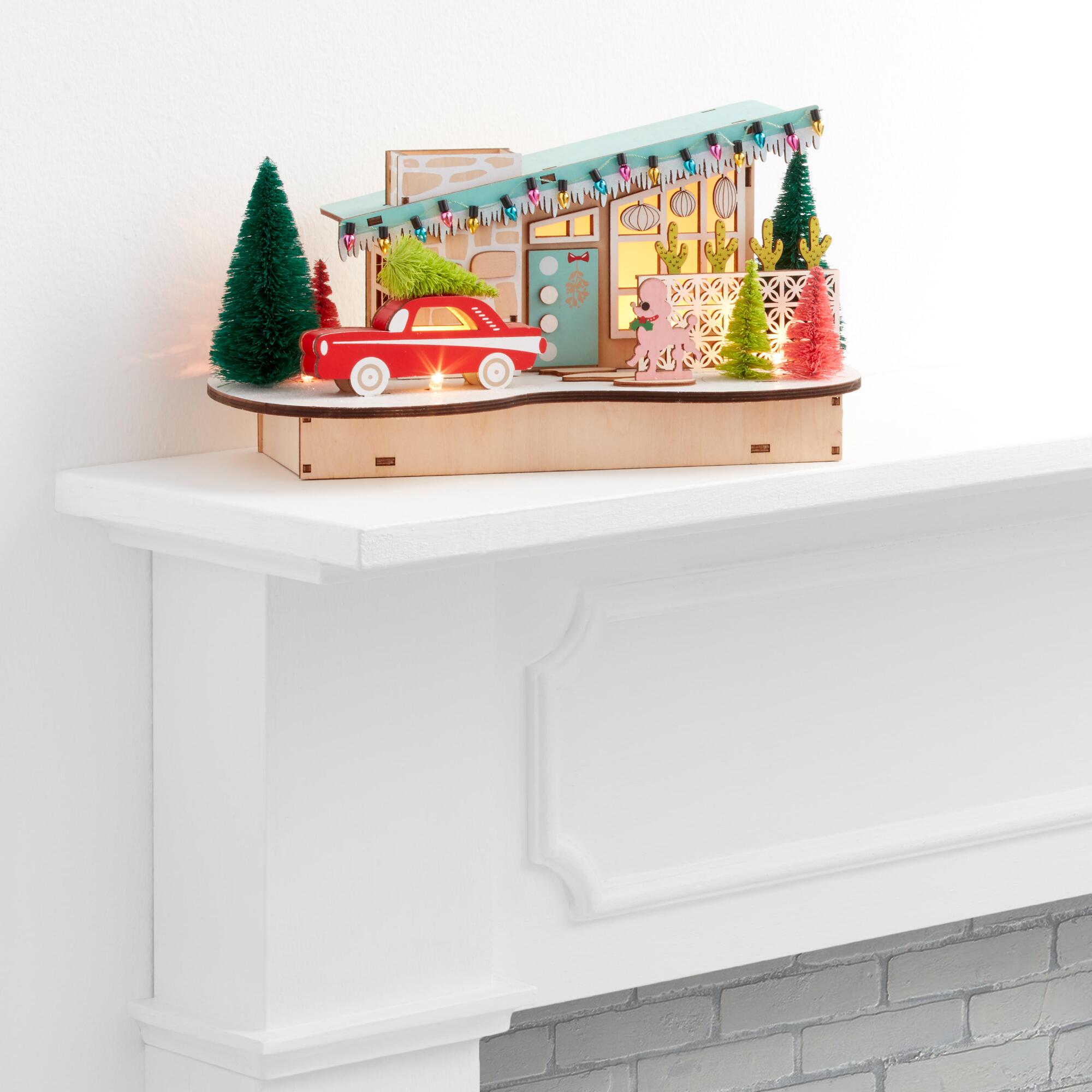 Woodcut Mid Century House with Car LED Light Up Decor: Multi by World Market