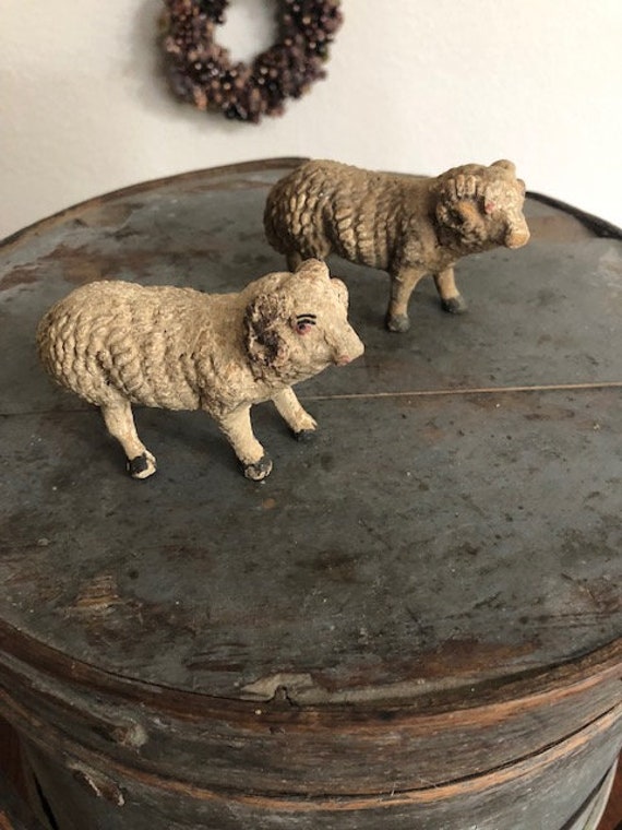 Two Very Old Vintage Chalkware Rams, Bighorn Sheep