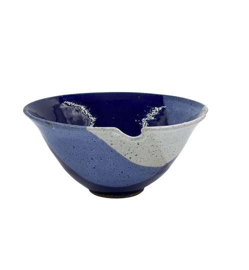 Set Of 2 Hand Thrown Ramen Bowls, Cobalt Blue & White Geometric Pattern, Speckled Glaze