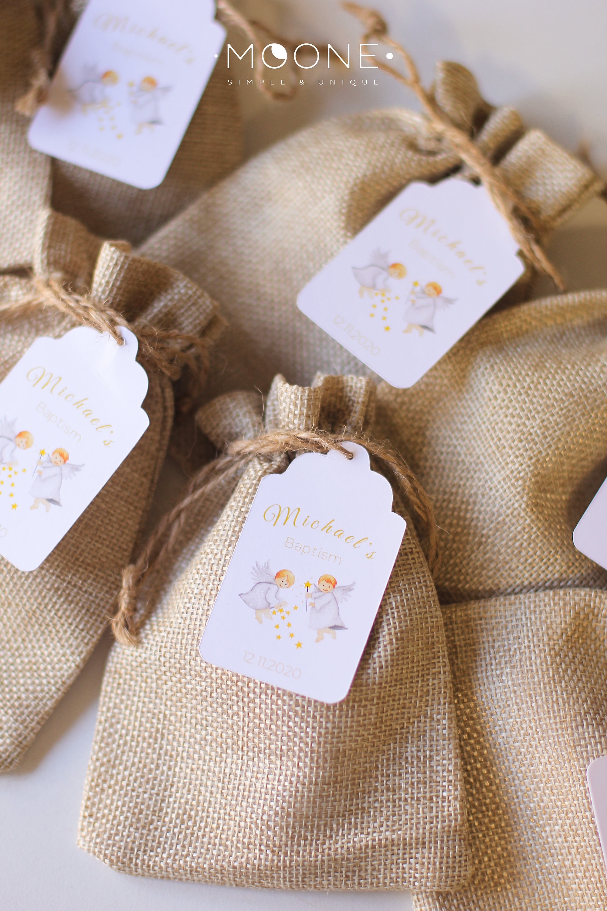 Baptism Favor Bags With Tags, Burlap Bags, Personalized Favors For Guests, Favors, First Communion Angel Favors