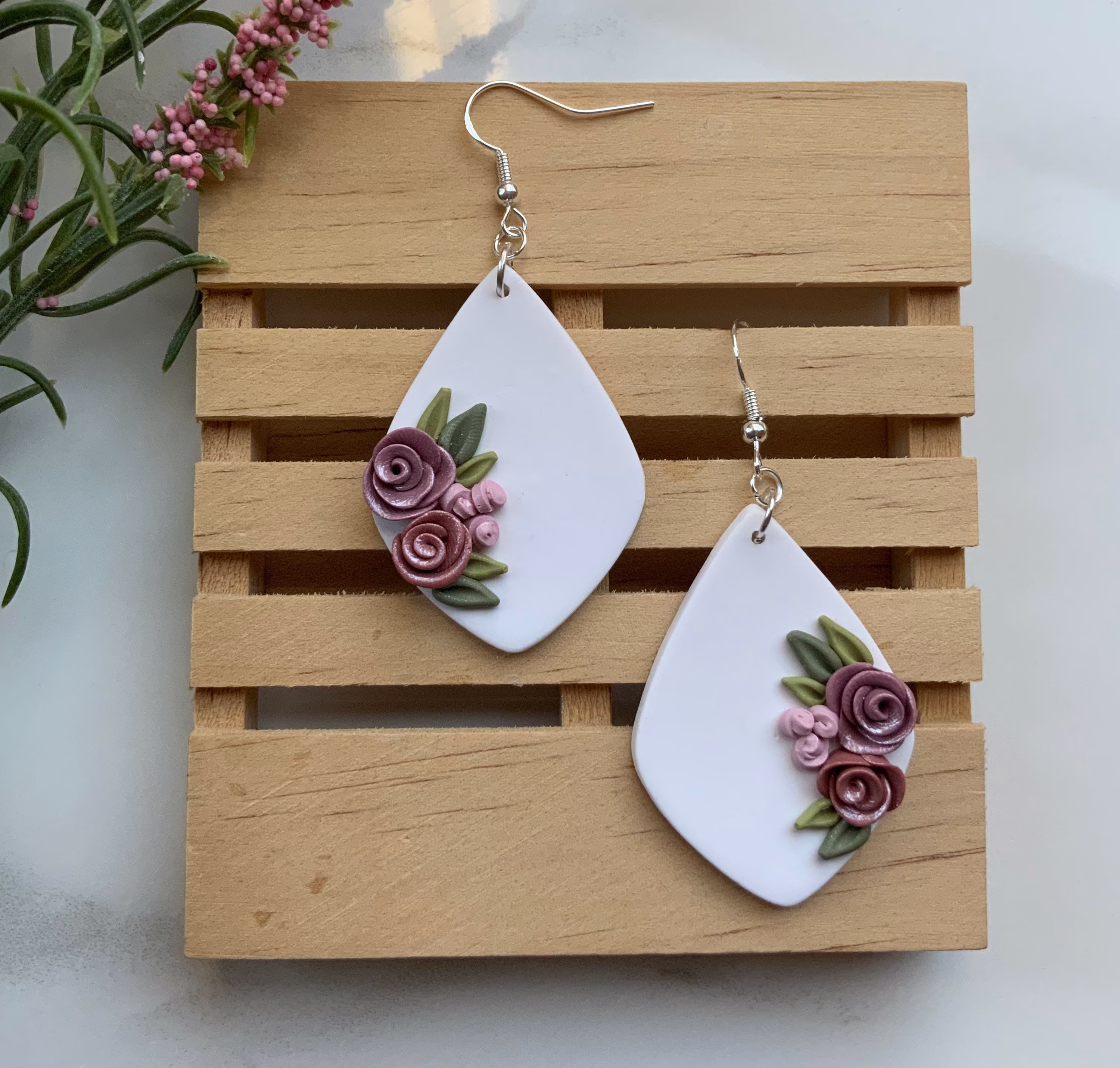 Dusty Rose Gold Polymer Clay Floral Bridal Drop Earrings For Valentines Day