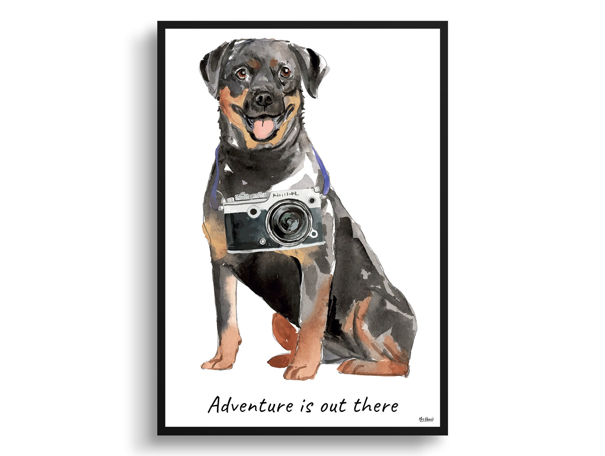 Adventure Is Out There Rottweiler Dog Print Illustration. Framed & Un-Framed Wall Art Options. Personalised Name