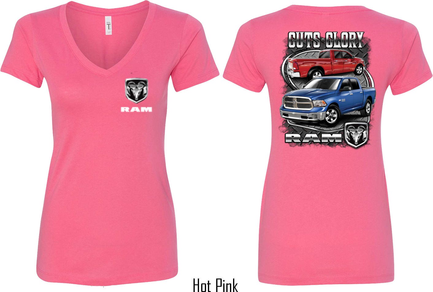 Dodge Guts & Glory Ram Trucks Front & Back Print Ladies V-Neck Shirt 20421Hd2-Fb-N1540