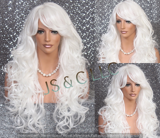 White Human Hair Blend Wig Layered & Curly Full Bangs Heat Ok Cancer Alopecia Theater Cosplay Anime Emo Celebrity Pageant