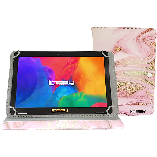 Linsay 10.1" Tablet with Case, WiFi, 2GB RAM, 32GB Storage (Android 11), Black/Pink Glaze Marble (F10IPPIGL)