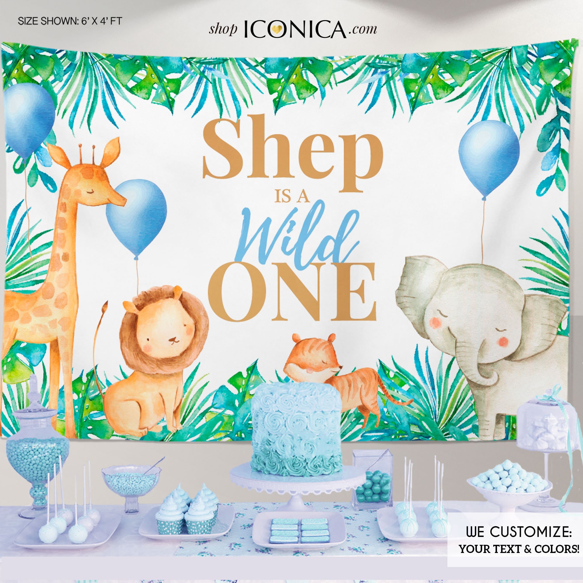 Safari Backdrop, Party Animals Backdrop, Personalized Banner Jungle Backdrop Watercolor Bbd0160