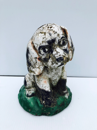 Vintage, Black & White, Stone Dog, Garden Statue, 9.5" H Dog Sitting in Green Grass Old Statue With Patina, Rustic Chippy