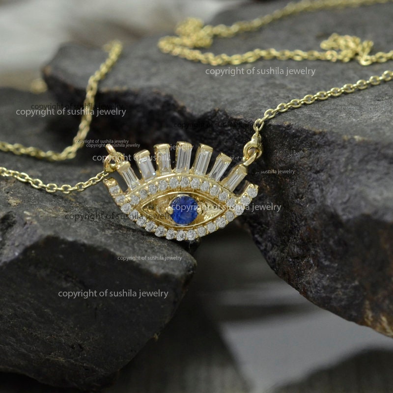 Solid 14K Yellow Gold Genuine Si Clarity G-H Color Baguette Diamond & Blue Sapphire Gemstone Evil-Eye Necklace Minimalist Jewelry Gift