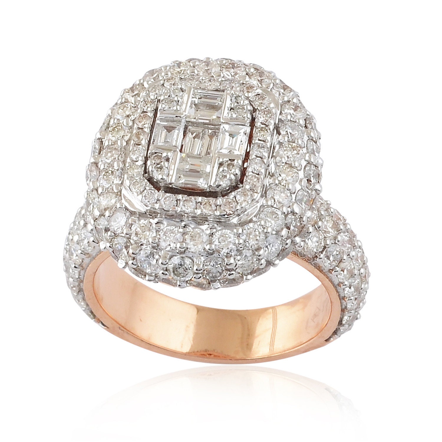 New Natural 5.1 Cts Si Clarity Hi Color Baguette & Pave Diamond Vintage Ring 18K Rose Gold Handmade Jewelry