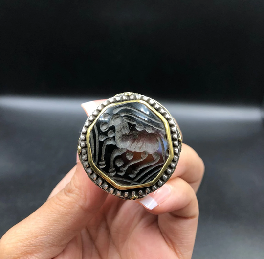 Unique Old Afghani Ring Carved Ram Agate Stone Handmade Silver & Gold Plated