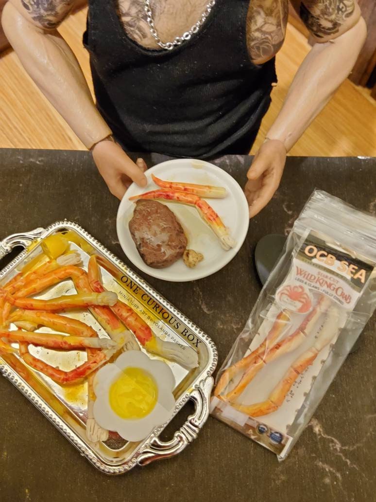 Seafood, One Plate Of Steak & Crab Legs Cluster Dinner For One With Butter, Barbie Sized, 16Th Scaled
