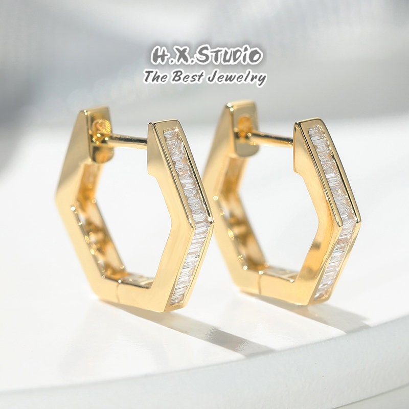 Minimalist Hexagon Pave Diamond Hoop Earrings, Solid 18K Gold, Genuine Diamond, Jewelry, Gift For Her, Customization Jewelry