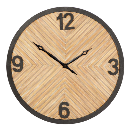 Light Brown Wood and Black Metal Industrial Wall Clock: Natural - Medium by World Market