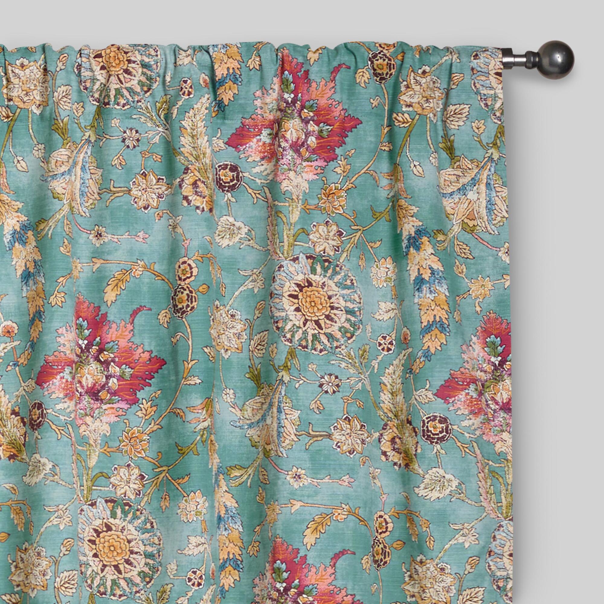 Aqua Floral Cotton Genevieve Sleeve Top Curtains Set Of 2: Blue - 84" L by World Market