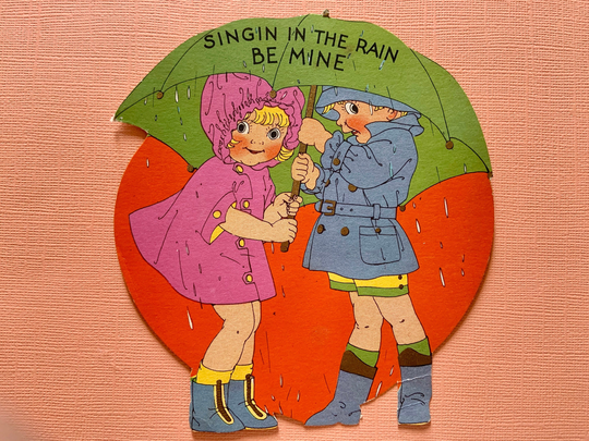 Vintage Valentine's Day Card Boy & Girl Beneath An Umbrella Singing in The Rain