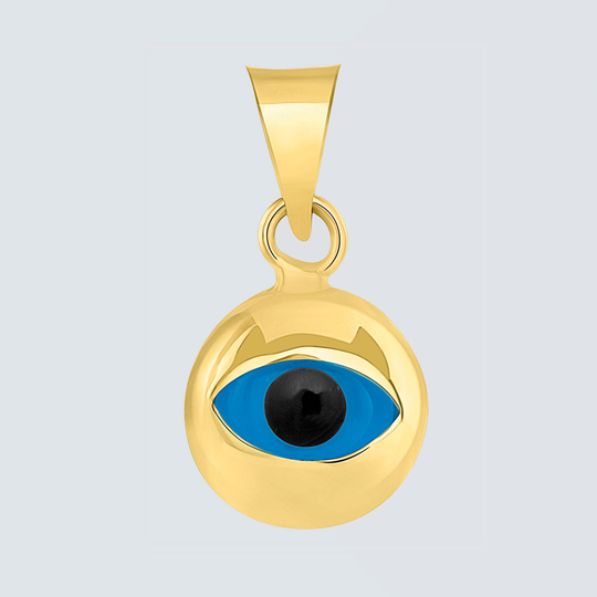 Solid Real 14K Yellow Gold Mini Round Shaped Blue Evil Eye Protection Charm Good Luck Pendant With High Polished Finish