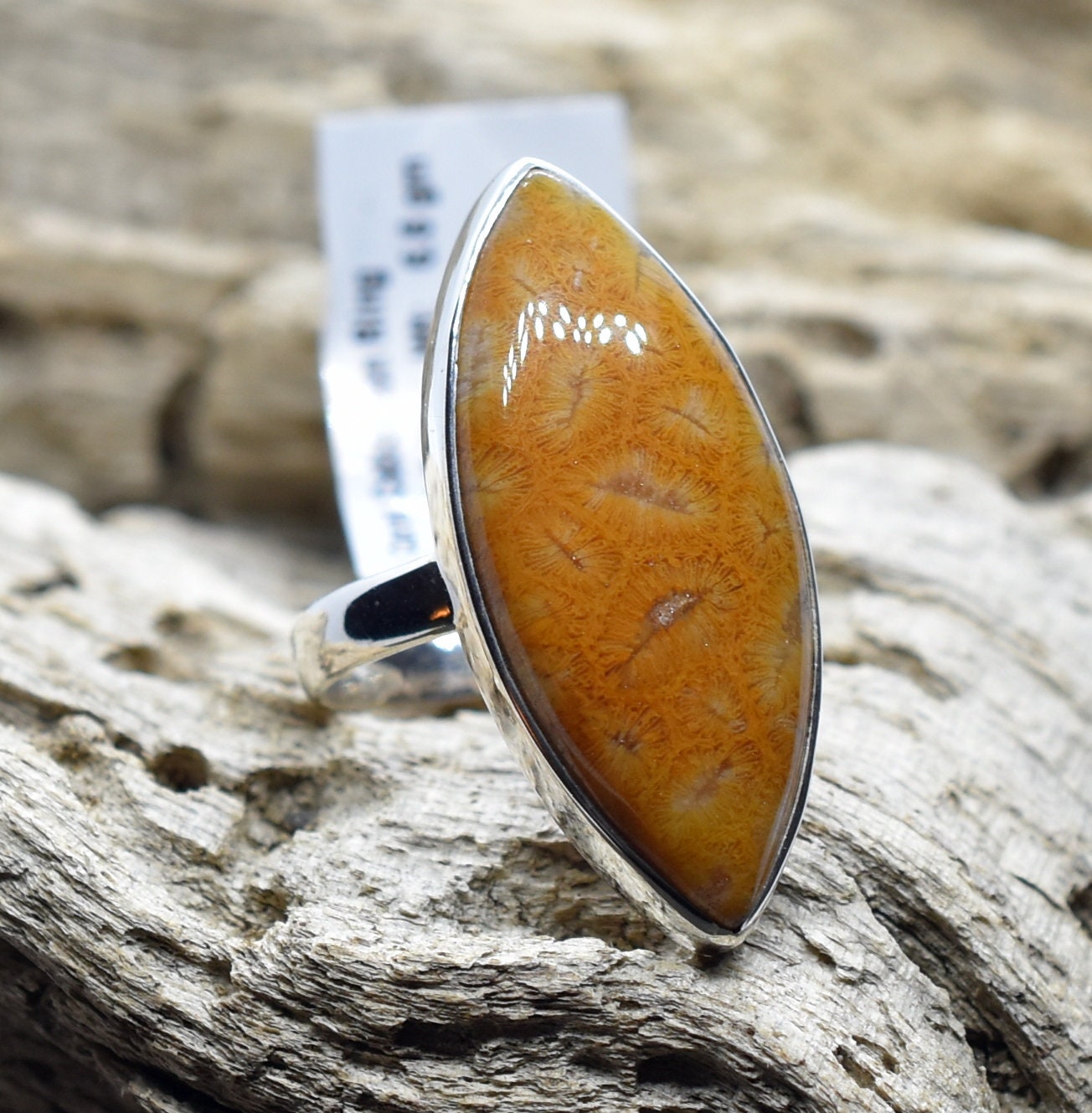 Fossil Coral 7.5 Us, Silver Ring, Handmade Statement Birthstone Woman Mothers Day Gift Ring 41-50 Ml