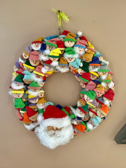 Christmas Wreath, Santa's Elves Holiday Decoration, Vintage Handmade Gnomes Wall Hanging